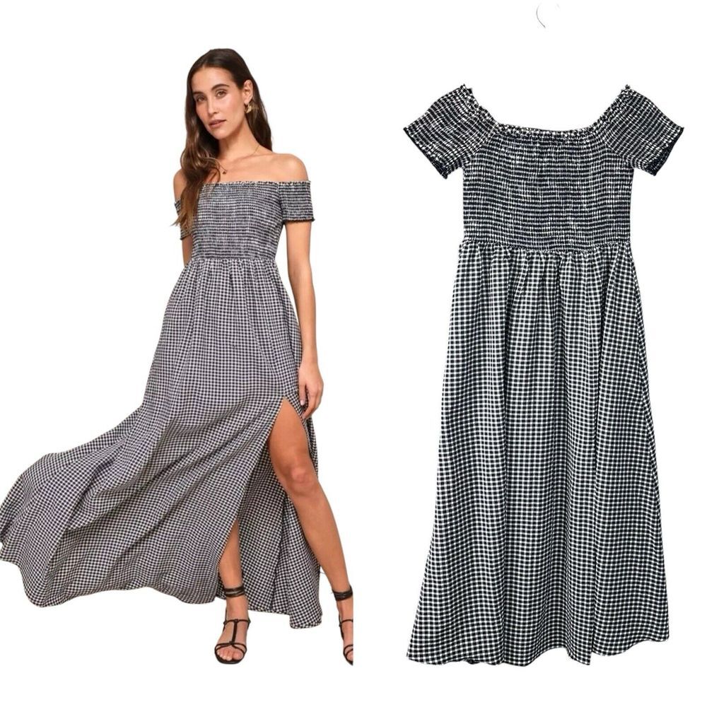 Lulus Women's Midi Dress Size M Black White Gingham Smocked Cottagecore Country‎